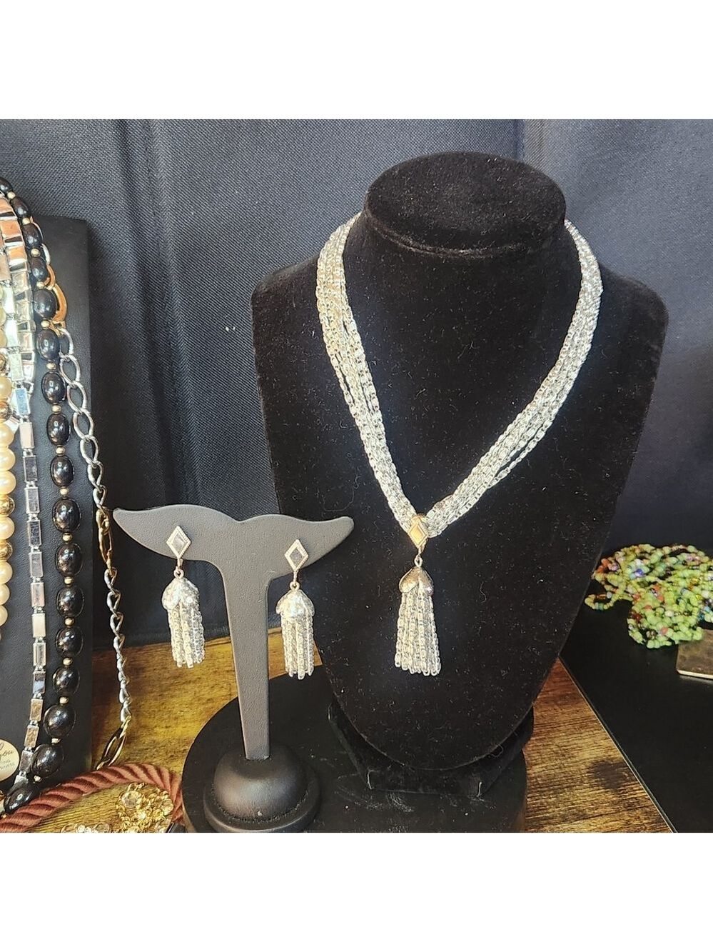 Sarah Coventry Silver Tone Multi Strand Tassel Necklace with Matching earrings.